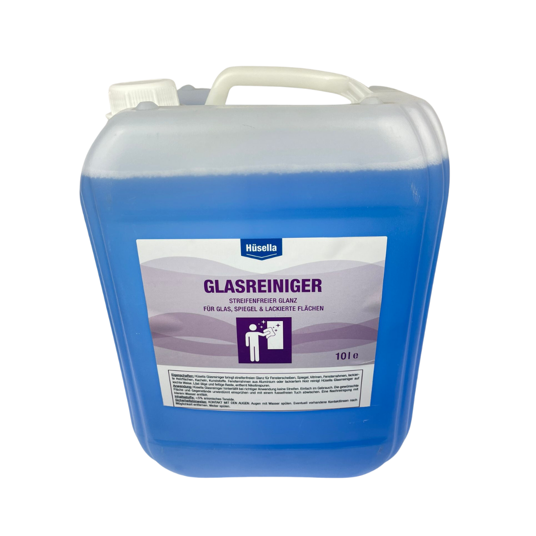 Hüsella | Glasreiniger | Streifenfreier Glanz | 1 Liter Flasche | 10 Liter Kanister