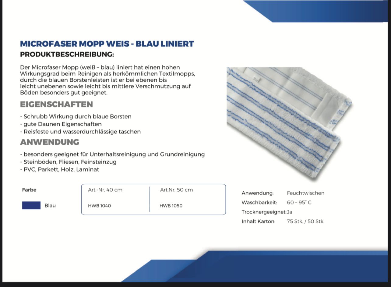 Mopp Microfaser weiß - blau liniert | hoher Wirkungsgrad